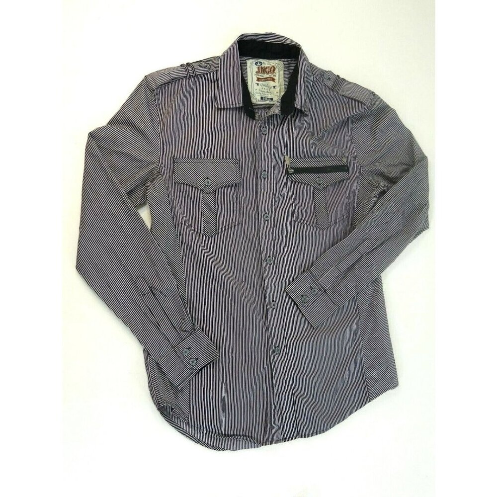JNCO Blue White Striped Long Sleeve  Button Front Shirt Mens Size S Small